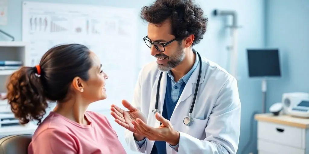 Osteomyelitis: Patient und Arzt in einer hellen Arztpraxis.