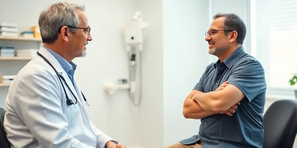 Patient und Arzt in einer hellen Arztpraxis besprechen Verspannungen.