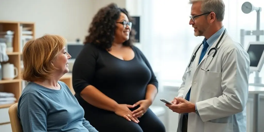 Fettleibigkeit: Patient und Arzt in einer hellen Arztpraxis.
