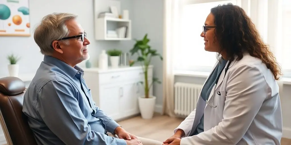 Schambeinentzündung: Patient im Gespräch mit Arzt in heller Arztpraxis.