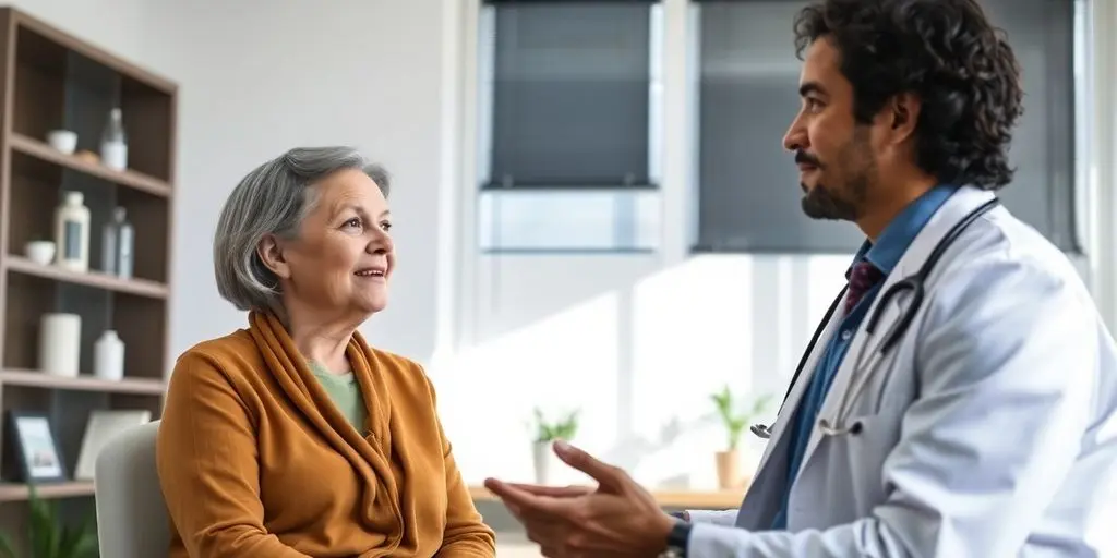 Patient und Arzt in einer hellen Arztpraxis.