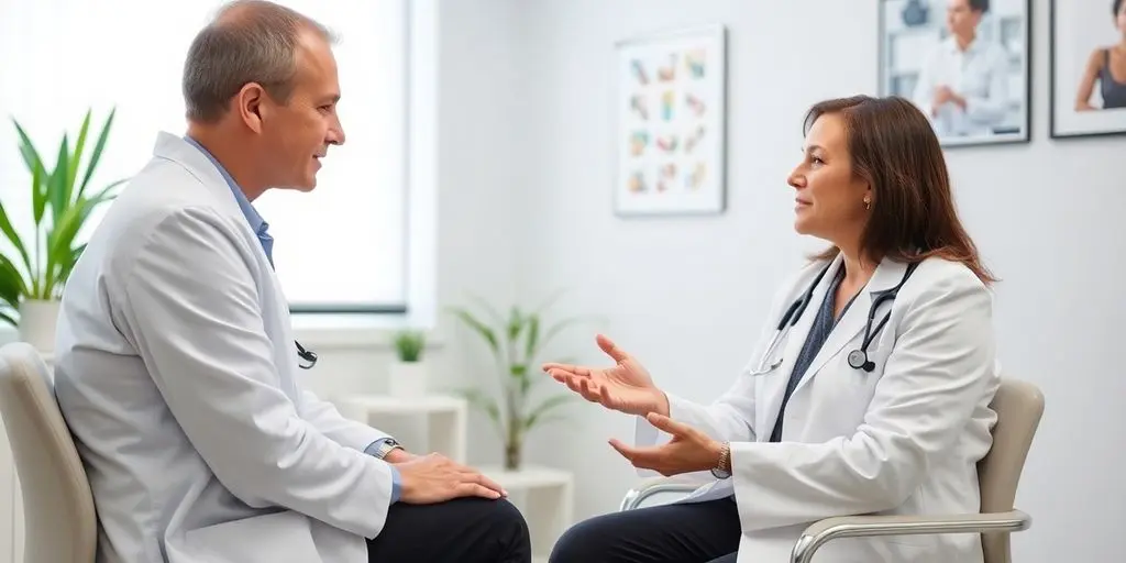 Hautkrebs: Patient und Arzt in heller medizinischer Praxis.
