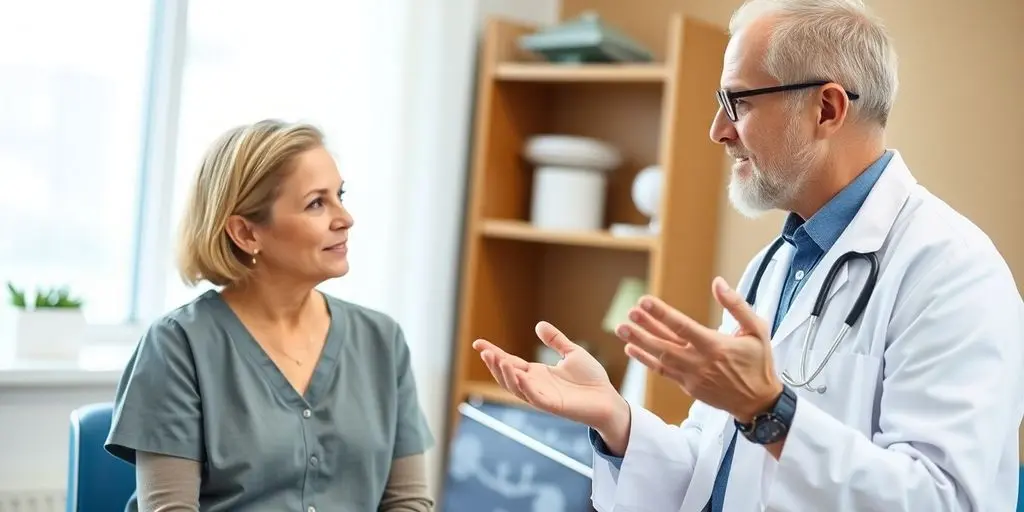 Patient und Arzt in einer hellen Arztpraxis.