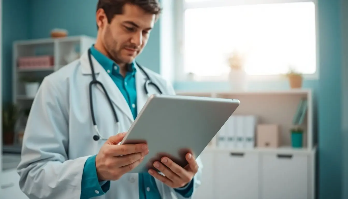 Arzt mit Tablet prüft neue Behandlungen von Budd-Chiari-Syndrom.