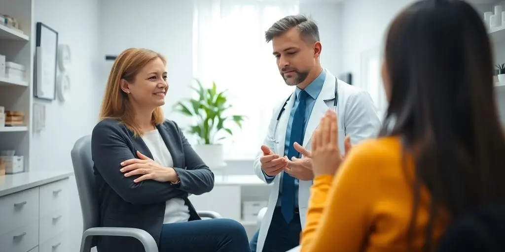 Patient und Arzt in einer hellen Arztpraxis.