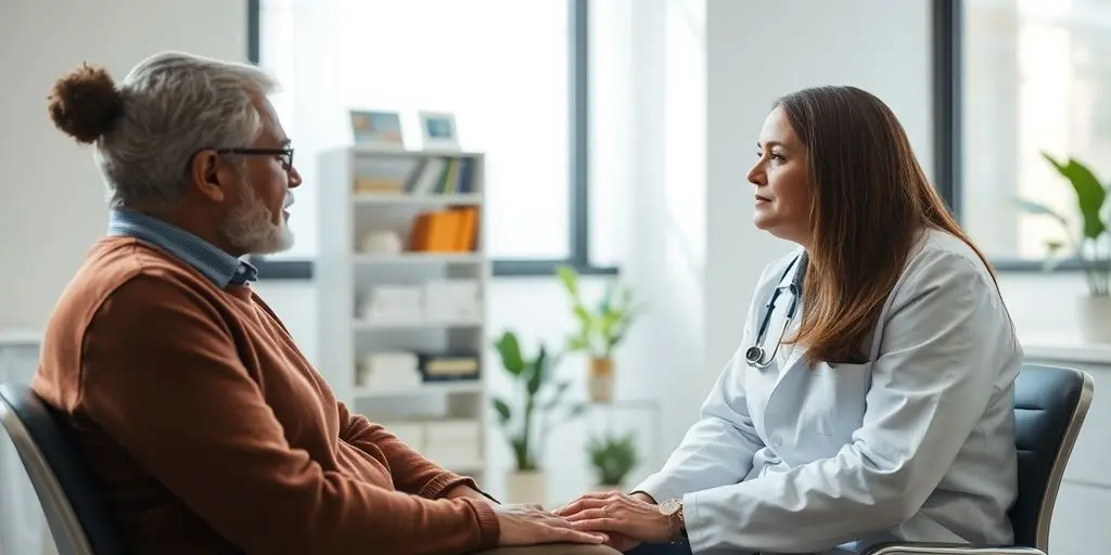 Patient und Arzt in heller medizinischer Praxis.