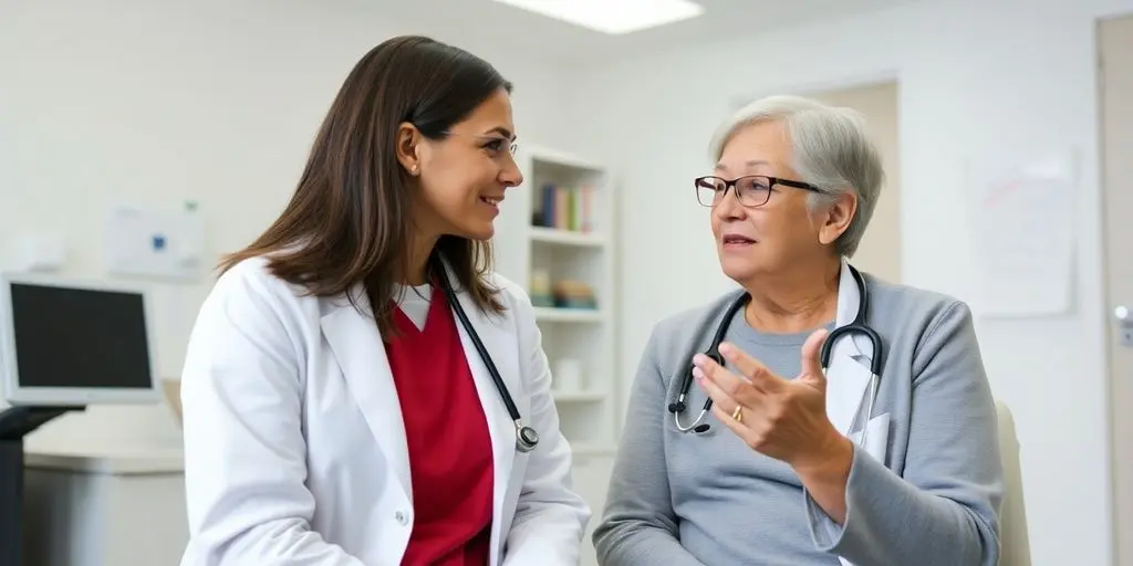 Patient und Arzt in einer hellen Arztpraxis sprechen über Clostridioides-difficile-Infektion.