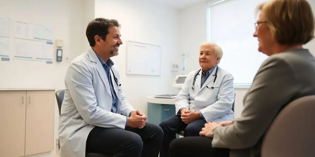 Patient und Arzt in heller Arztpraxis zur Dysphagie Sprechstunde.