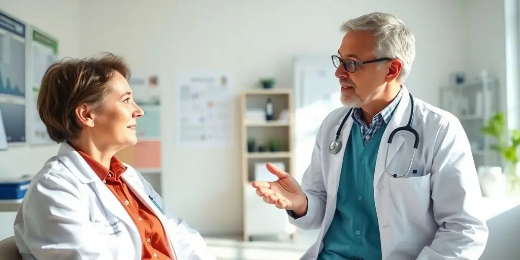 HypertriglyzeridämiePatient und Arzt im hellen medizinischen Raum.