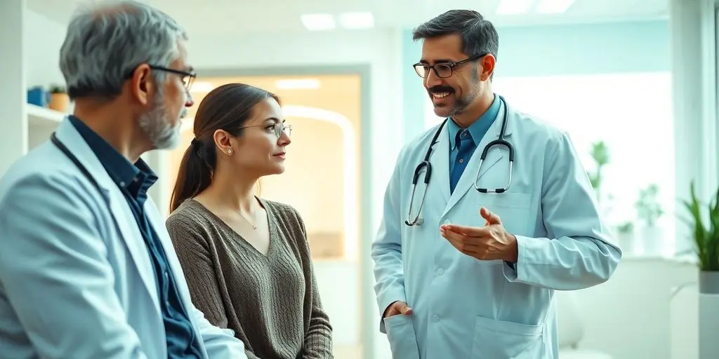 Zervikalsyndrom: Patient und Arzt im hellen medizinischen Raum.