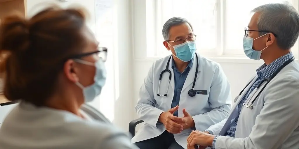 Patient und Arzt im hellen medizinischen Raum besprechen die Behandlung von Corona.
