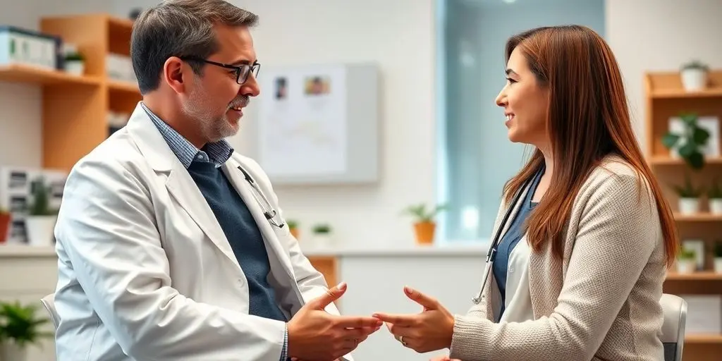 Patient und Arzt im hellen medizinischen Raum.