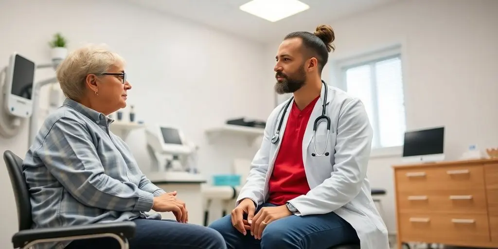 Keuchhusten: Patient und Arzt in einer hellen Arztpraxis.