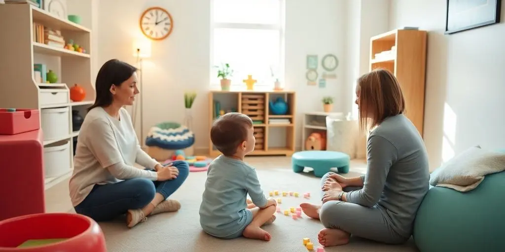 Autismus: Therapie mit Kind und Therapeut in heller Umgebung.