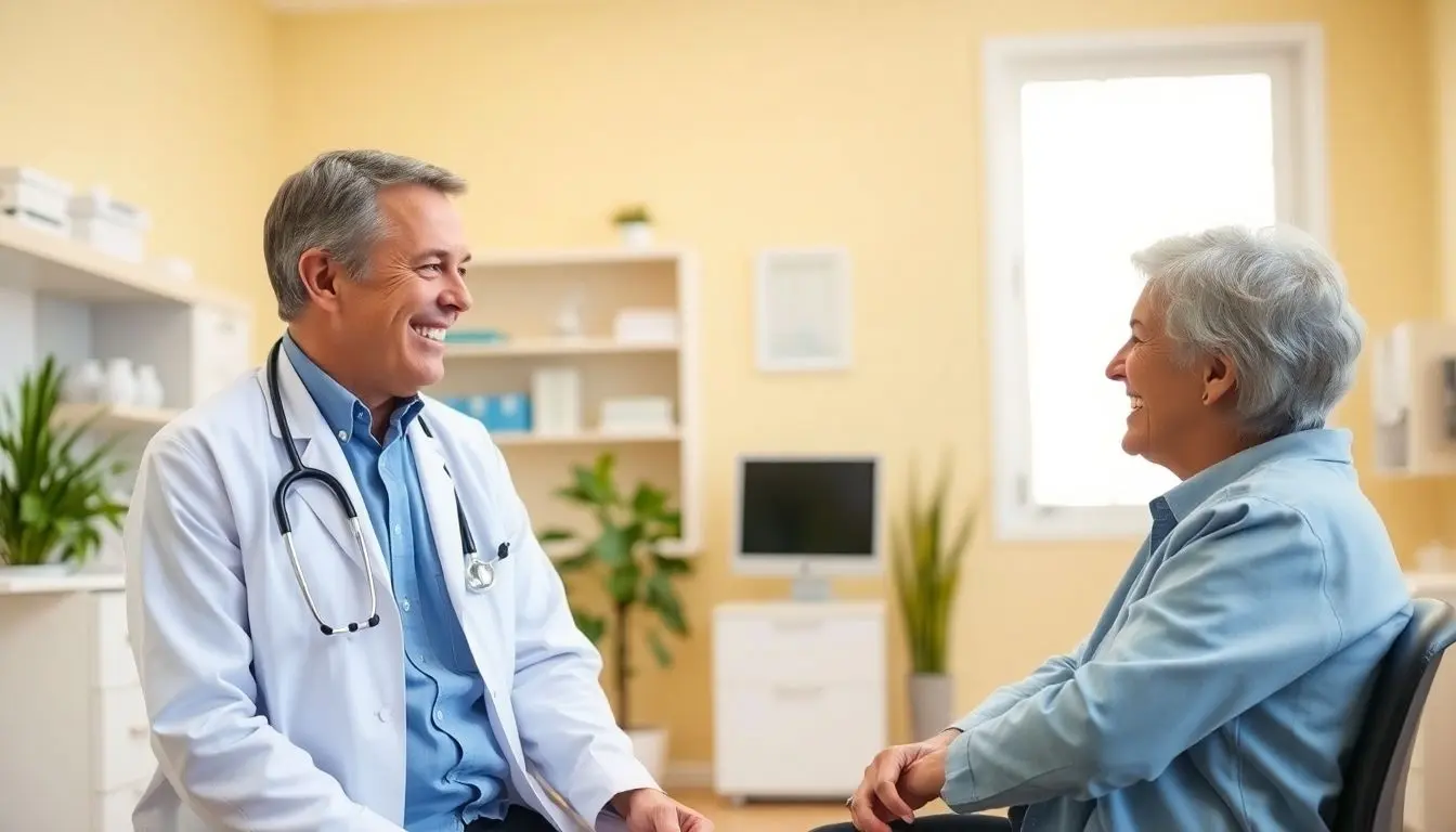 Somatoforme Störungen: Doctor and patient smiling in a bright medical office.