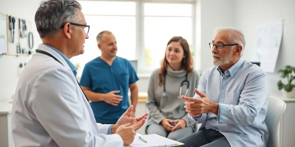 Diabetes mellitus: Patient und Arzt im hellen Untersuchungsraum.