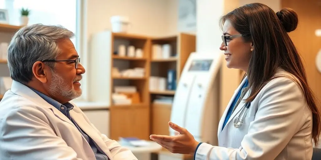 Patient und Arzt in einer hellen Arztpraxis.