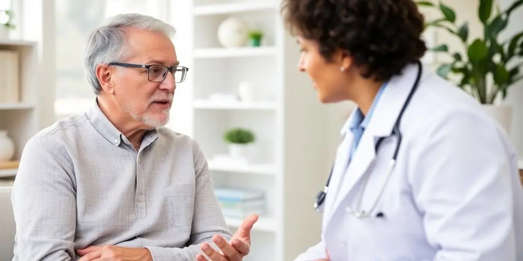Gallengangskarzinom: Patient und Arzt in einer hellen Arztpraxis.