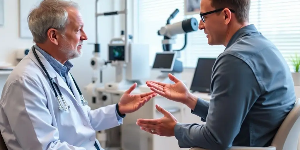Trockene Augen: Patient und Arzt in einer hellen Praxis.