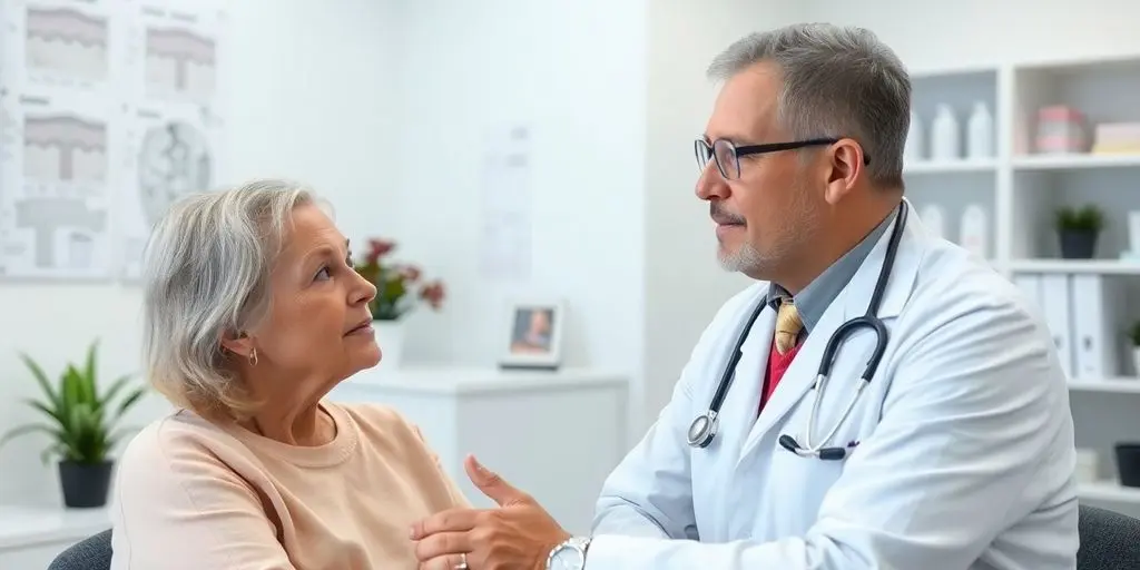 Patient und Arzt in heller medizinischer Praxis.