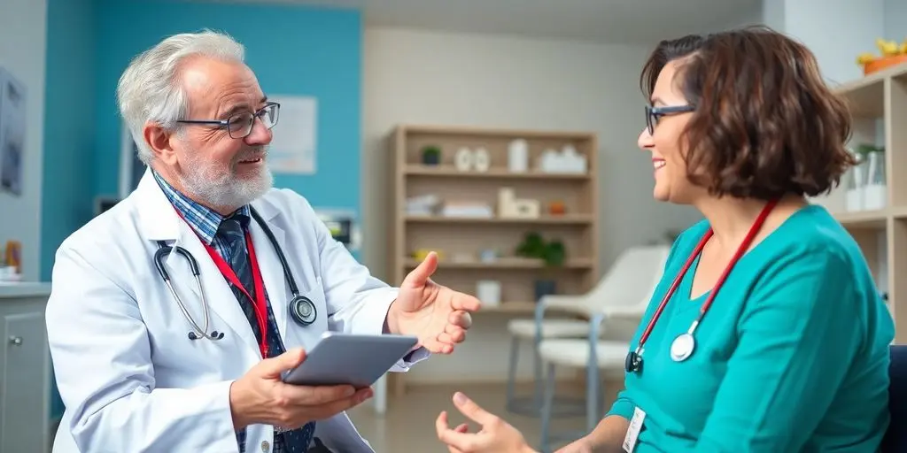 Zerebralparese: Patient und Arzt in einer hellen Arztpraxis.