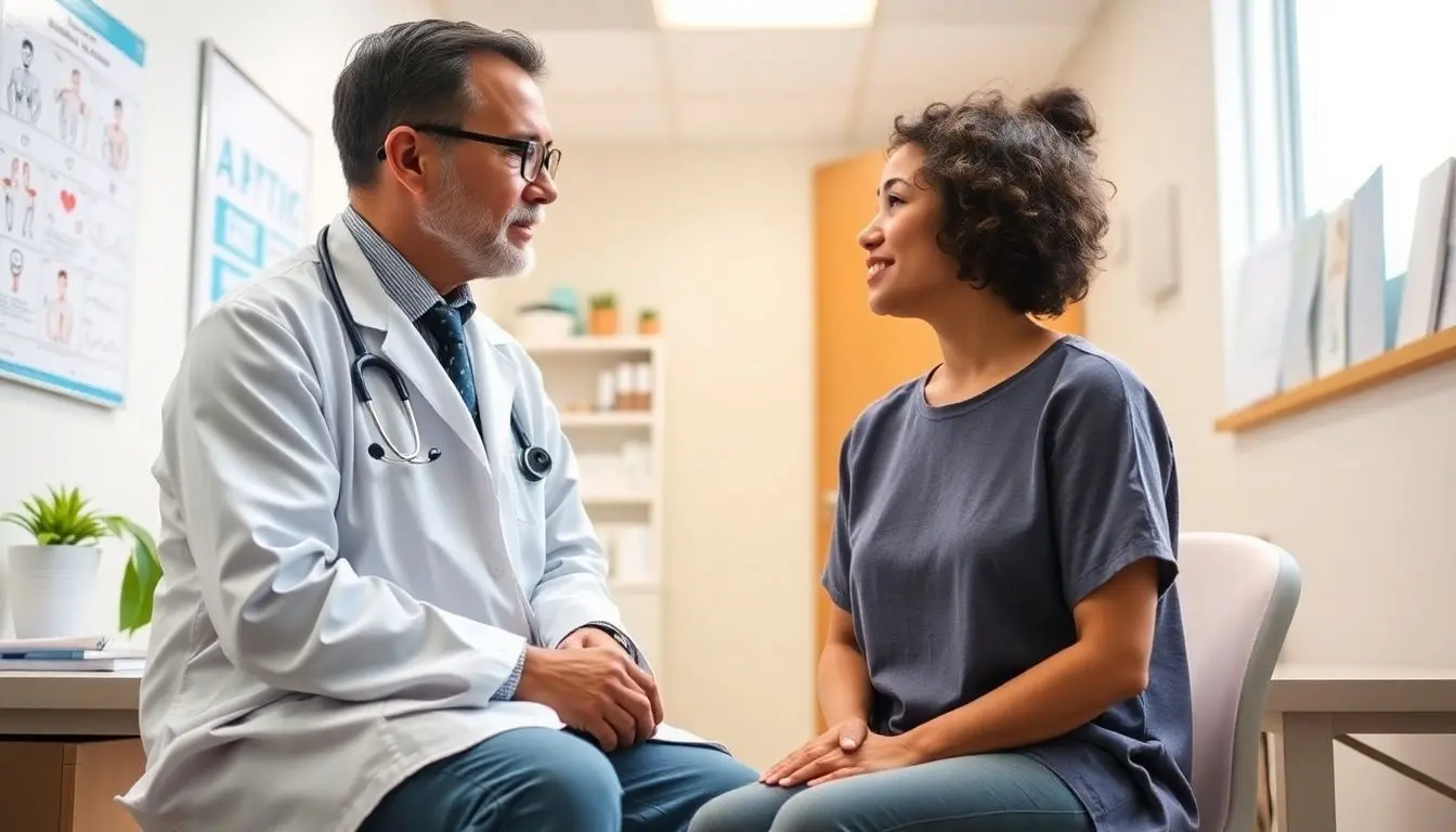 Windpocken: Doctor and patient discussing chickenpox in a bright office.