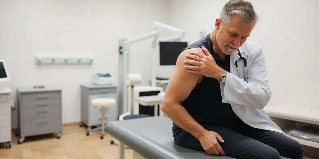 Patient und Arzt in einer hellen Arztpraxis.