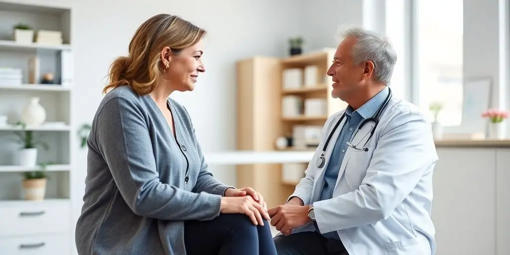 Patient und Arzt in einer hellen Arztpraxis.
