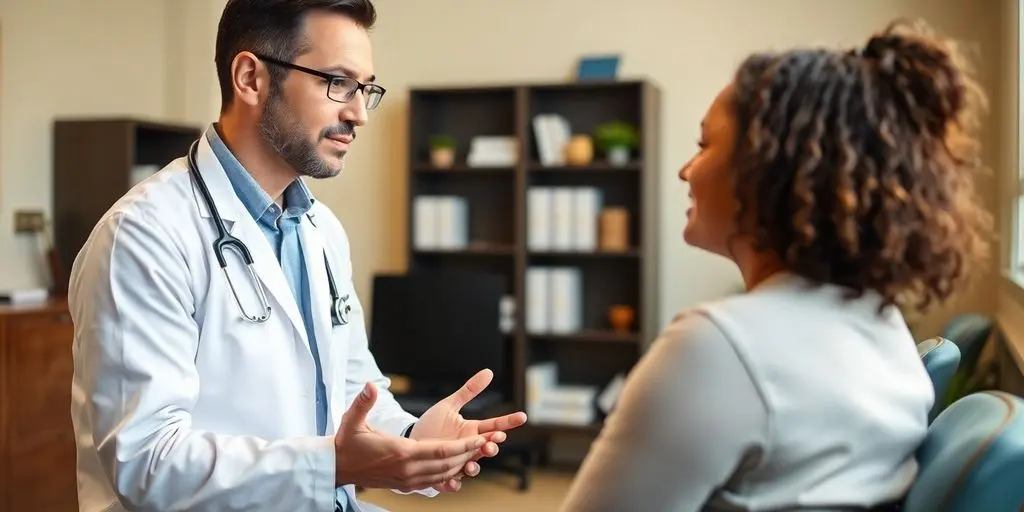 Patient und Arzt in einer hellen Arztpraxis.