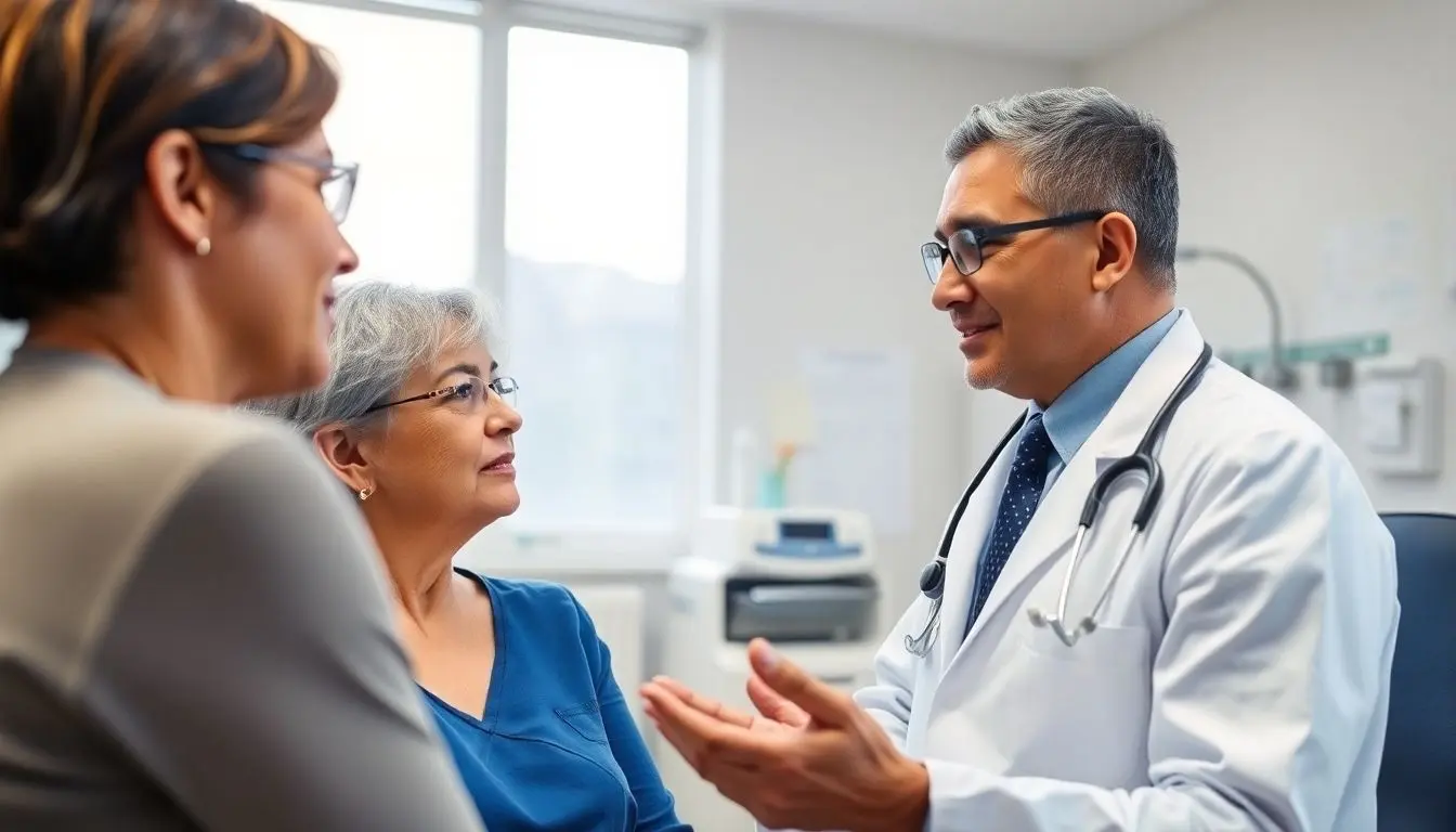Morbus Crohn: Doctor and patient in a bright medical office.