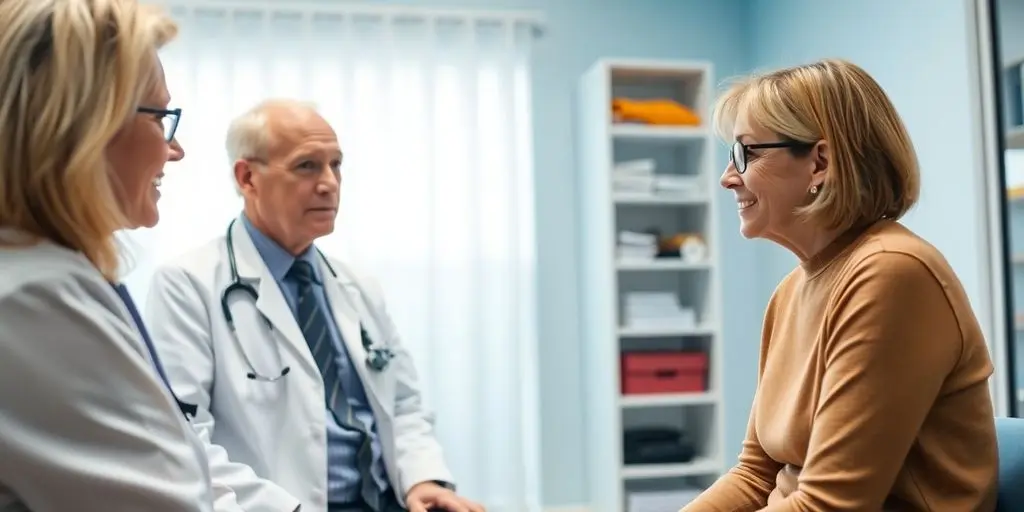 Osteoporose: Patient und Arzt im hellen medizinischen Raum.