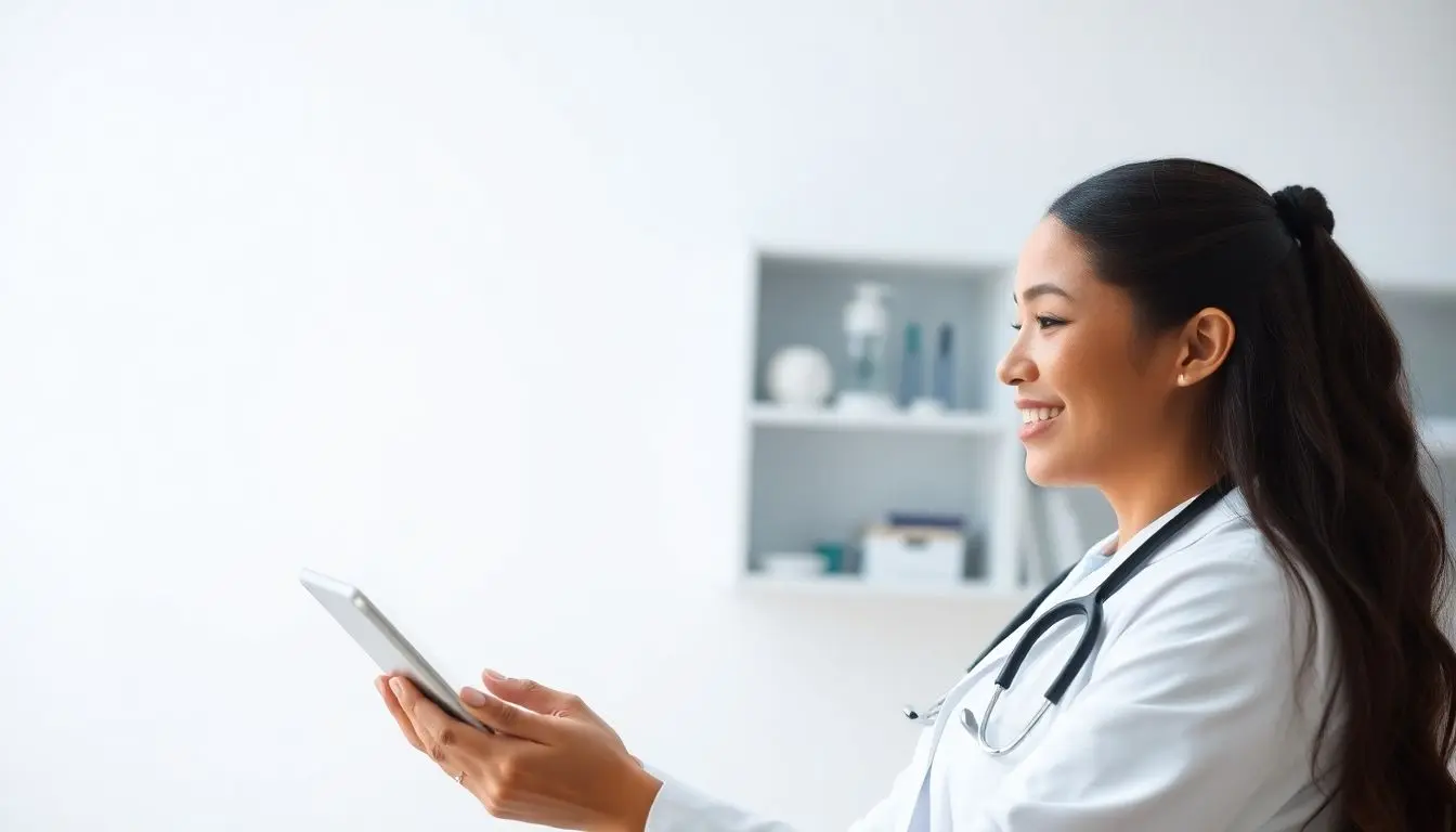 Enterobiasis: Doctor with tablet in a bright medical environment.