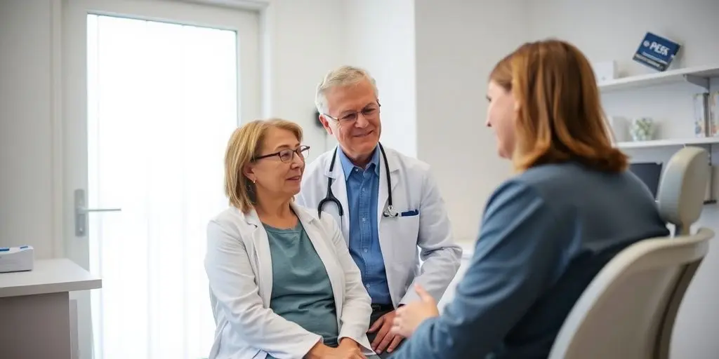 O-Beine: Patient und Arzt in heller medizinischer Praxis.