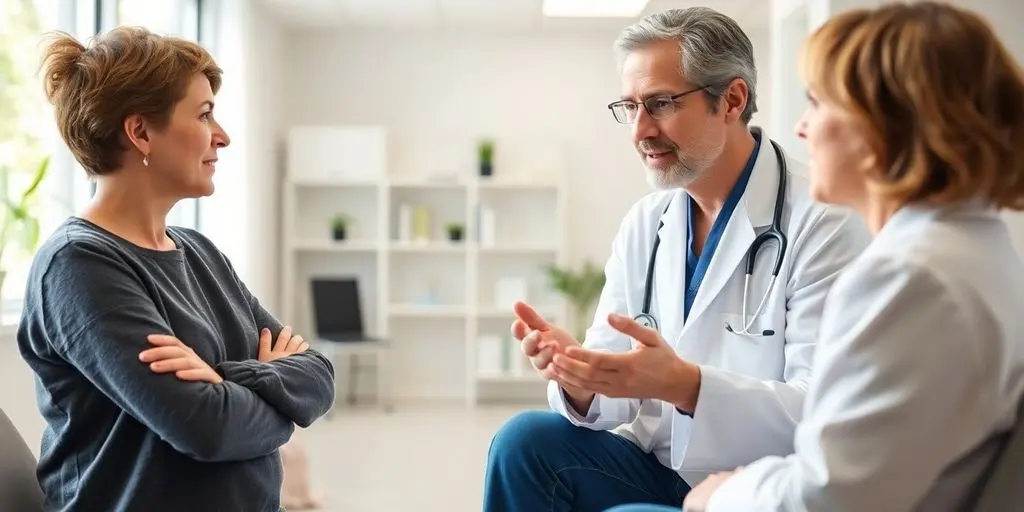 Arzt und Patient im hellen medizinischen Raum.