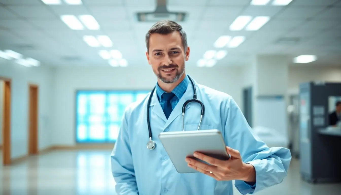 Aviäre Influenza: Doctor with a tablet in a bright setting.