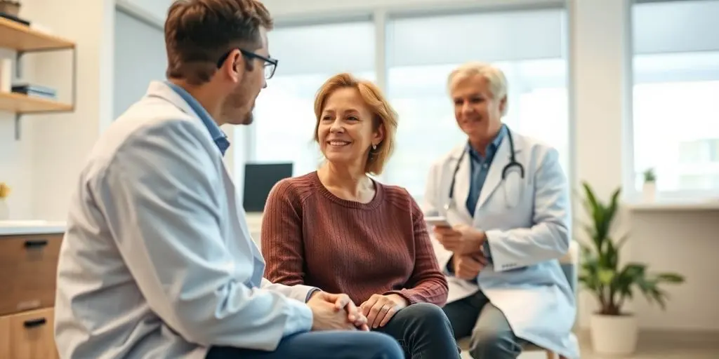 Patient und Arzt in einer hellen Arztpraxis.