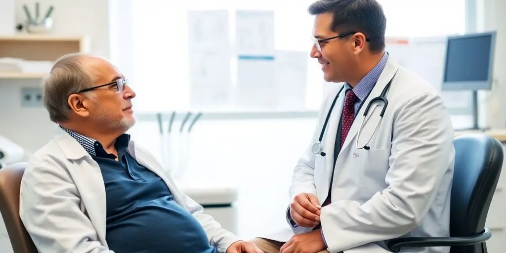 Patient und Arzt im hellen medizinischen Raum.