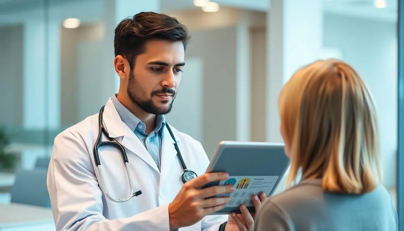 Nahrungsmittelallergie: Doctor consulting about food allergies with a tablet.