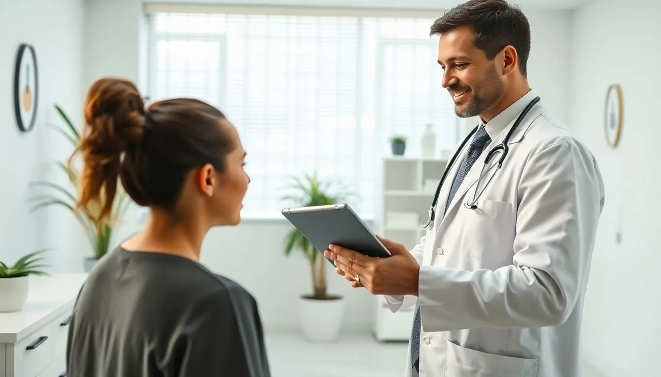 Seborrhoische Dermatitis: Doctor with tablet in bright medical office.