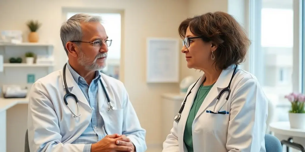 Patient und Arzt im hellen medizinischen Praxissetting.
