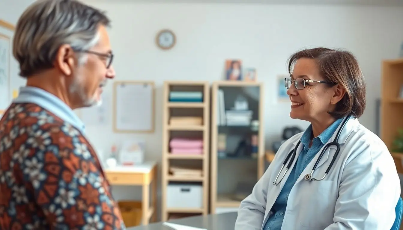Trichinose: Doctor and patient discussing trichinosis in a bright office.