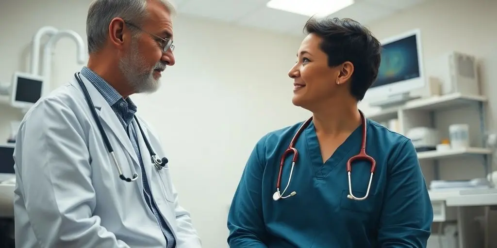 Mukoviszidose: Patient und Arzt in einer hellen Arztpraxis.