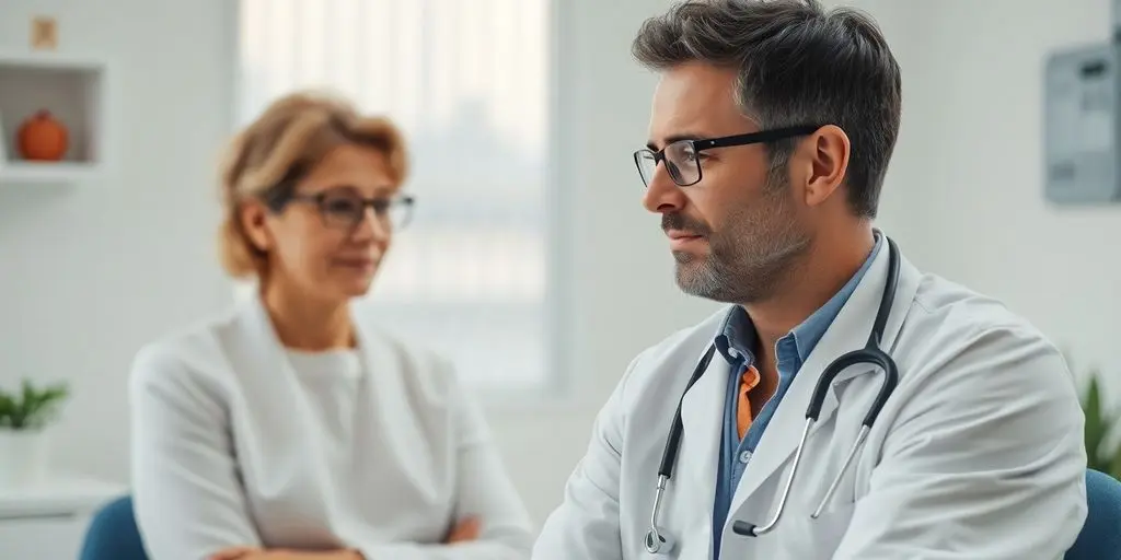 Silikose: Patient und Arzt in einer hellen Arztpraxis.