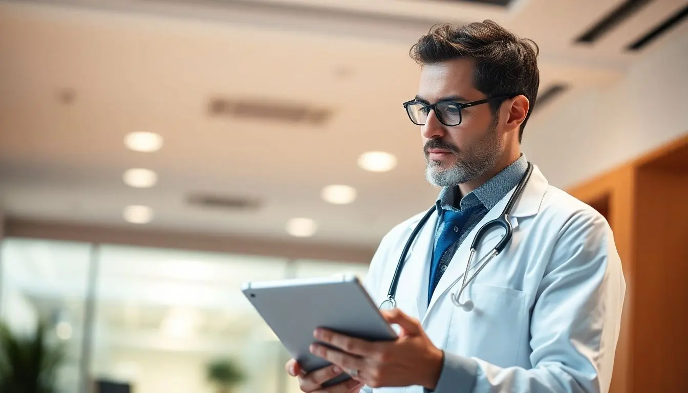 Creeping eruption: Doctor with a tablet in a bright medical setting.