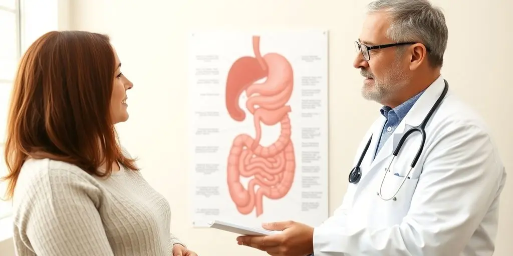 Mesenterialinfarkt: Patient und Arzt im Gespräch in einer hellen Praxis.