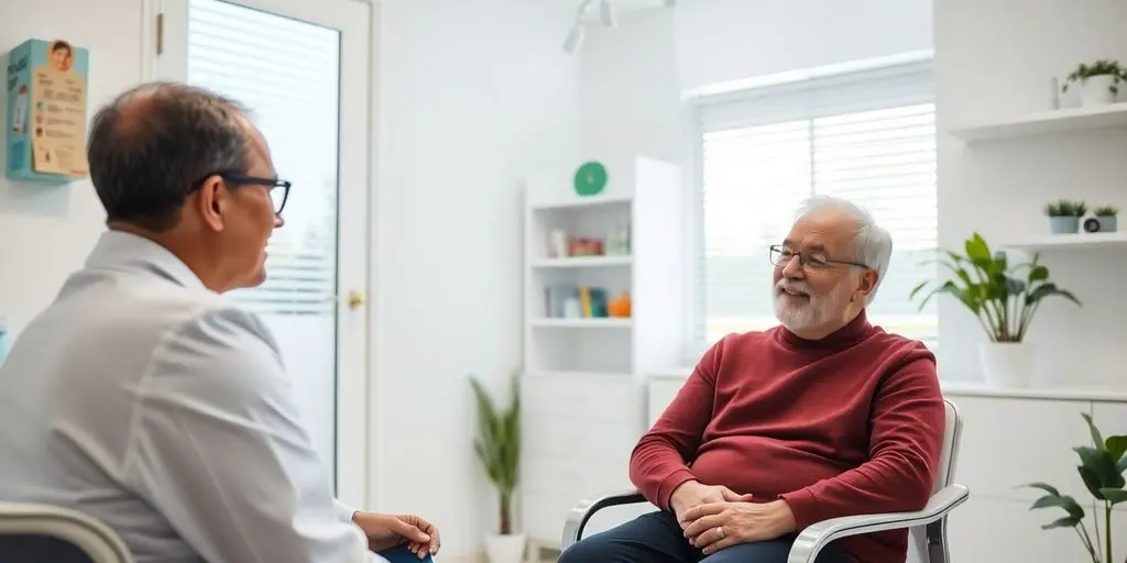 Niereninsuffizienz: Arzt und Patient in einer hellen Arztpraxis.