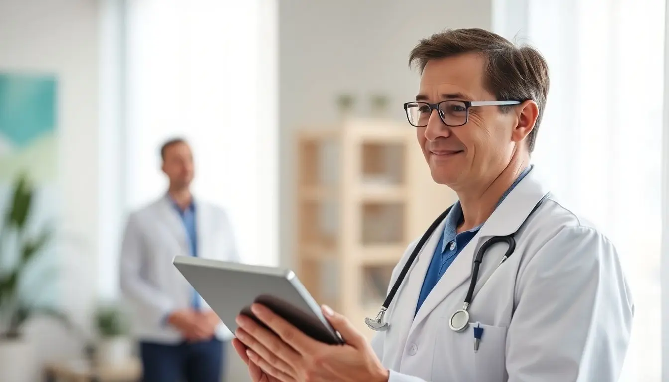 Akute Bronchitis: Doctor with a tablet in a bright medical setting.
