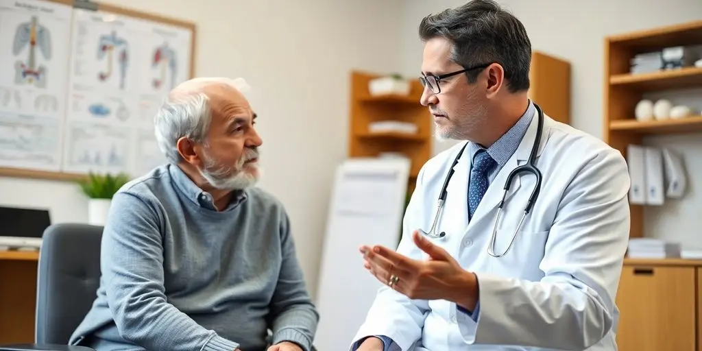 Nierensteine: Patient und Arzt in einer hellen Arztpraxis.