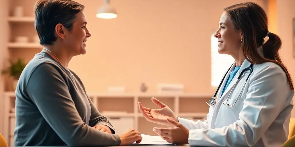 Rheuma: Patient und Arzt in einer hellen Arztpraxis.