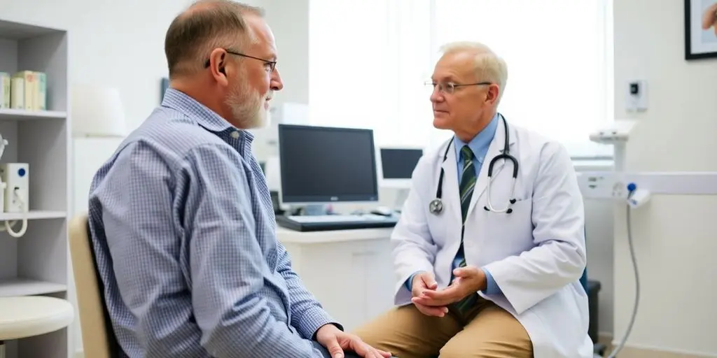 Speiseröhrenkrebs: Patient und Arzt in einer hellen Arztpraxis.